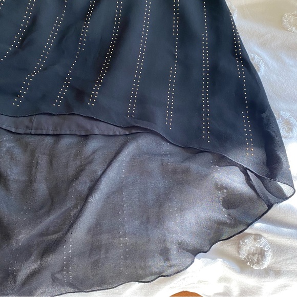 Bebe gold-studded high-low black halter party dress with chiffon overlay - Picture 10 of 14